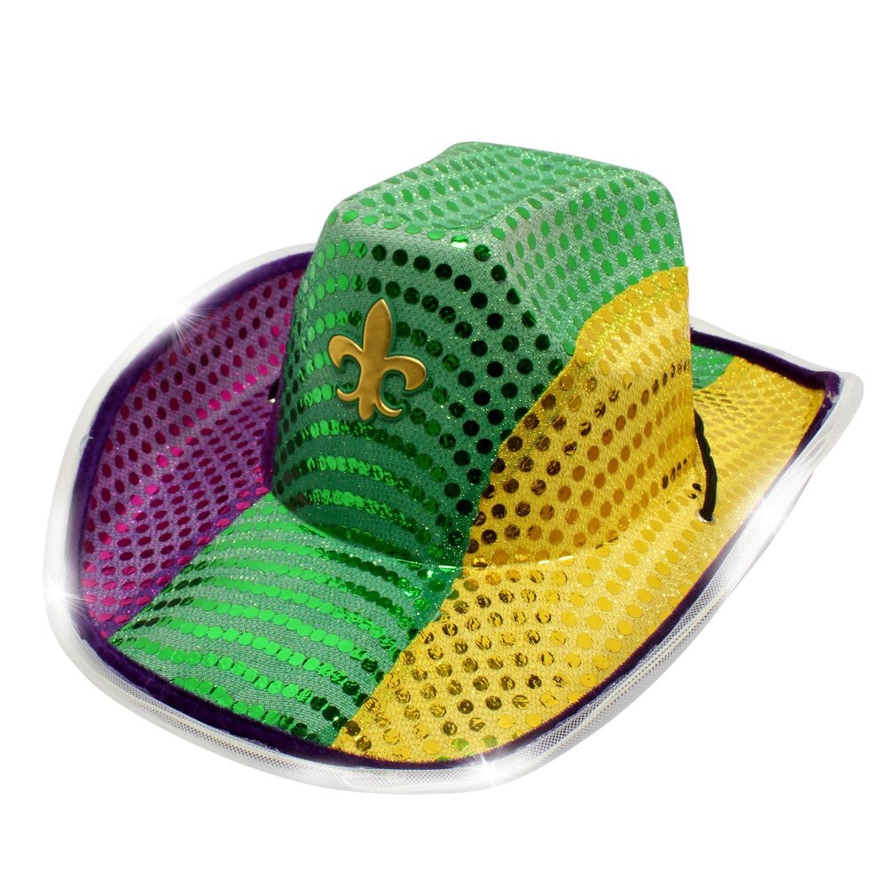 3757 LED Light-Up Sequin Cowboy Hat – Mardi Gras Edition, Unisex Size 6